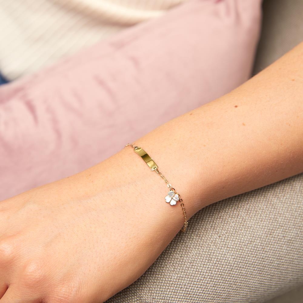 14-karat gold id bracelet with clover leaf