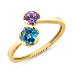 14 karaat gouden ring met blauwe Topaas en Amethist