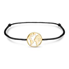 Textiel armband wereldkaart in 925 zilver, zwart-goud