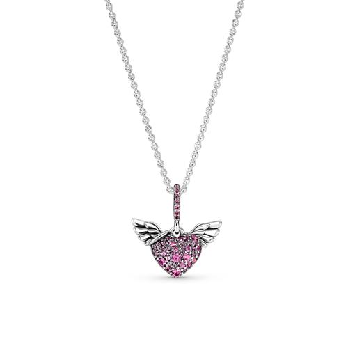 Necklace Heart And Angel Wings In 925 Silver, Crystals