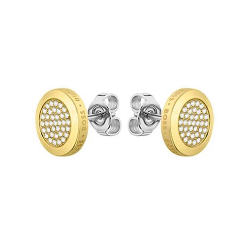 Ladies ear studs in stainless steel with glass stones, IP gold