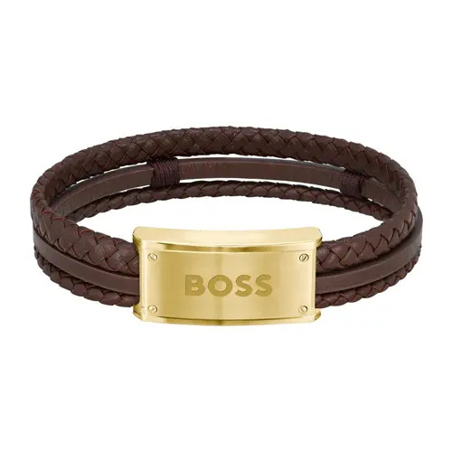 Pulsera de hombre de cuero marrón galen con acero inoxidable, oro