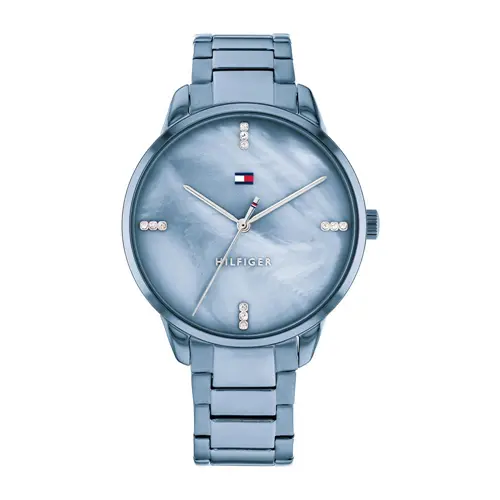 Ladies dress watch in stainless steel with mother-of-pearl, IP blue