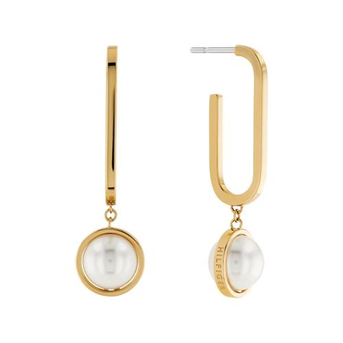Hanging ear studs with synth. pearl, stainless steel, gold