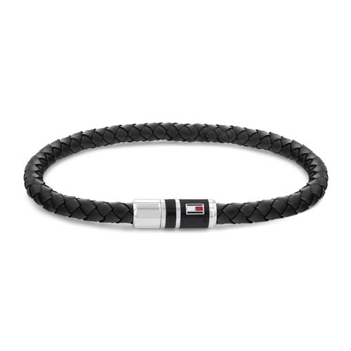 Black leather bracelet casual in stainless steel, enamel