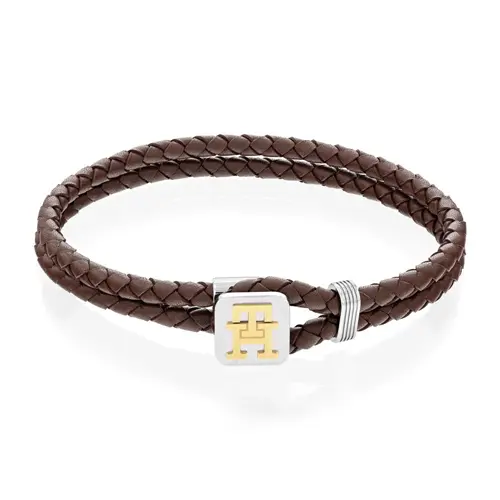 Men's leather bracelet, stainless steel, partly gold plated