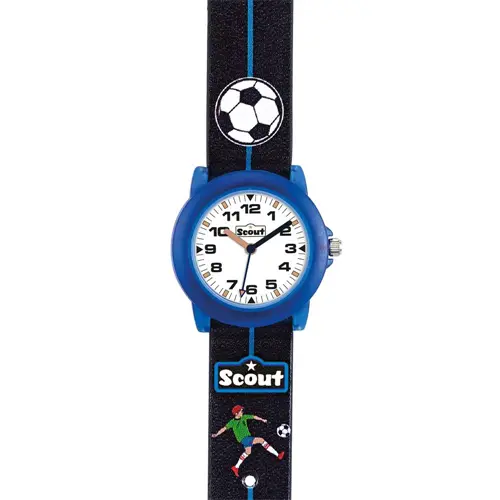 Reloj de pulsera para niños fútbol de plástico, negro, azul