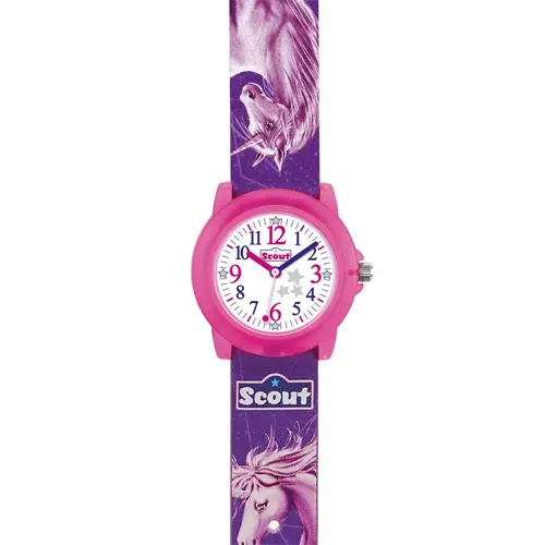Reloj de pulsera unicornio para niña, plástico, morado, rosa