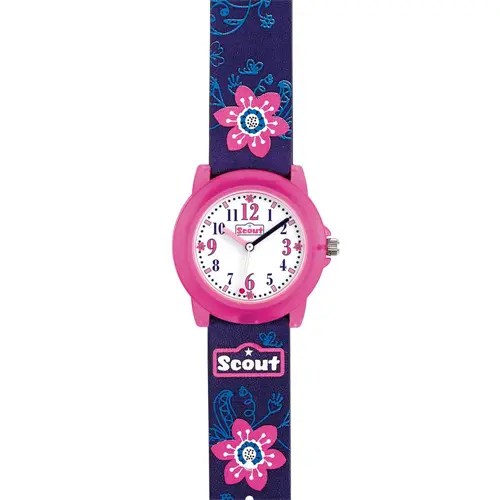 Reloj de plástico para niña con flores, azul, rosa