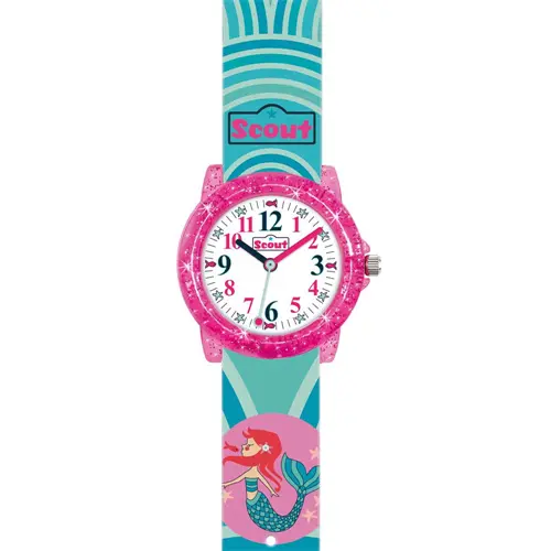 Plastic mermaid wristwatch, turquoise, pink