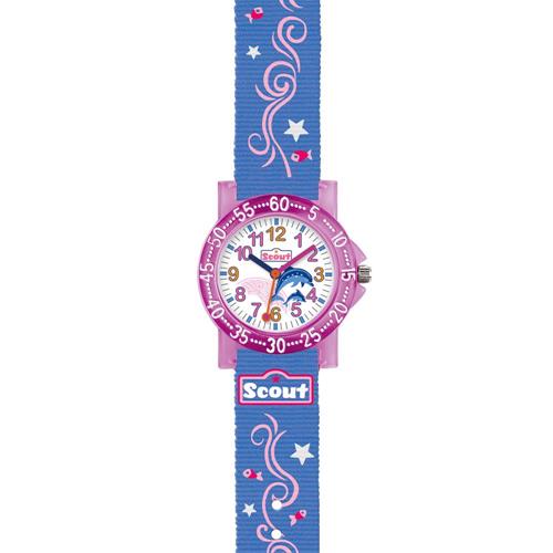 Reloj para niña delfín con correa textil, azul, rosa
