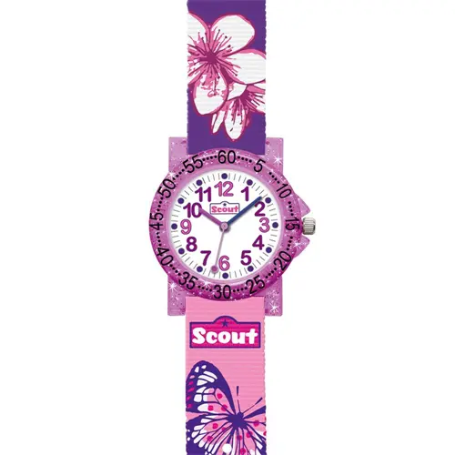 Reloj de cuarzo rosa con correa textil, mariposa, flor