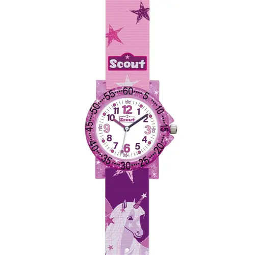 Reloj para niña unicornio y estrellas morado con correa textil