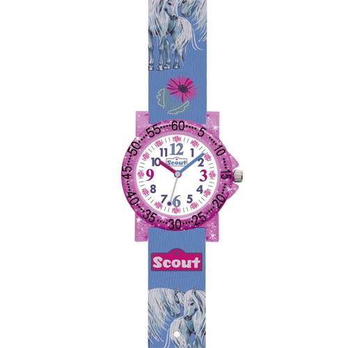 Reloj de cuarzo caballos y flores con textil, azul, rosa