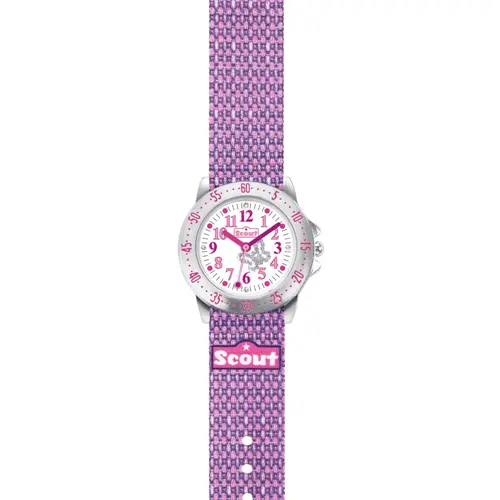 Purple metal and textile wristwatch for girls