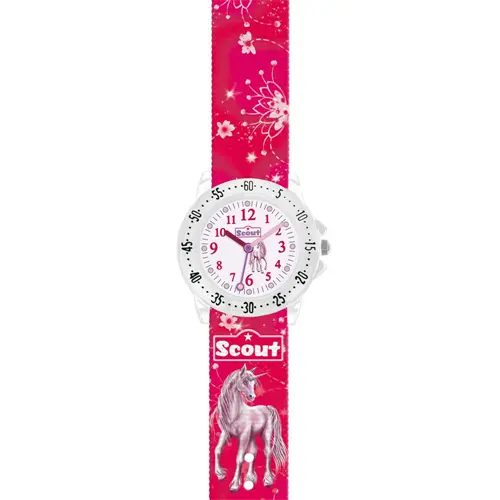 Girls' red metal and textile quartz unicorn watch