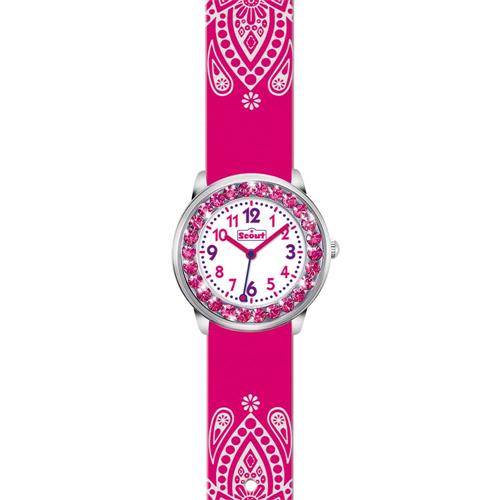 Pink glitter metal and faux leather wristwatch