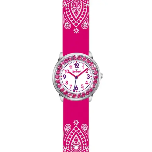 Pink glitter metal and faux leather wristwatch
