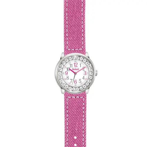 Pink wristwatch with quartz drive and crystals