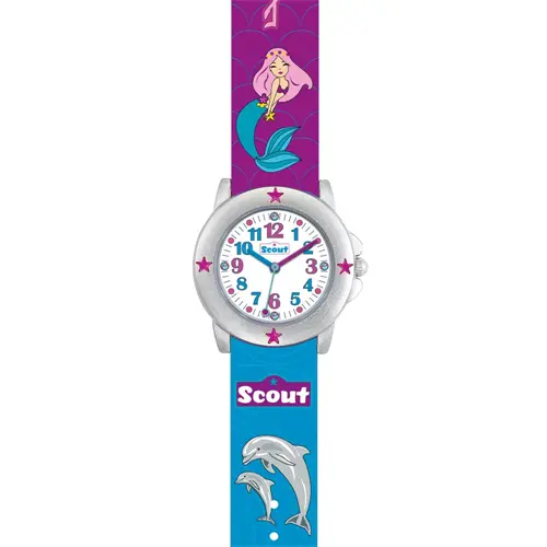 Girls' quartz watch with imitation leather strap, blue, purple