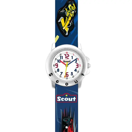Boys' racing car quartz watch with faux leather strap
