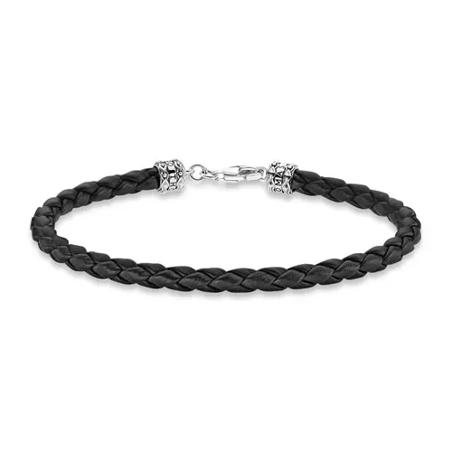 Braided black leather bracelet clasp silver