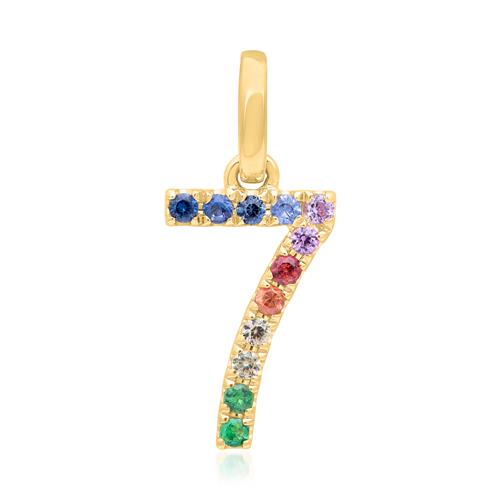 Number 7 pendant in 14K gold with sapphires, multicoloured