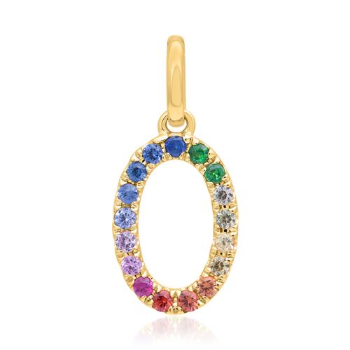 Number pendant 0 in 14K gold with colourful sapphires