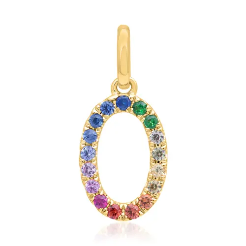 Number pendant 0 in 14K gold with colourful sapphires