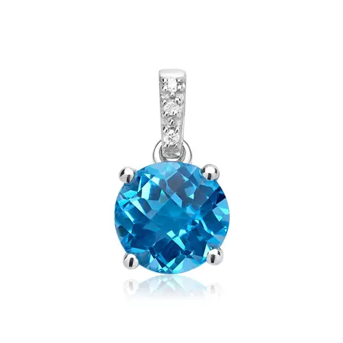 14ct white gold pendant blue topaz 3 diamonds