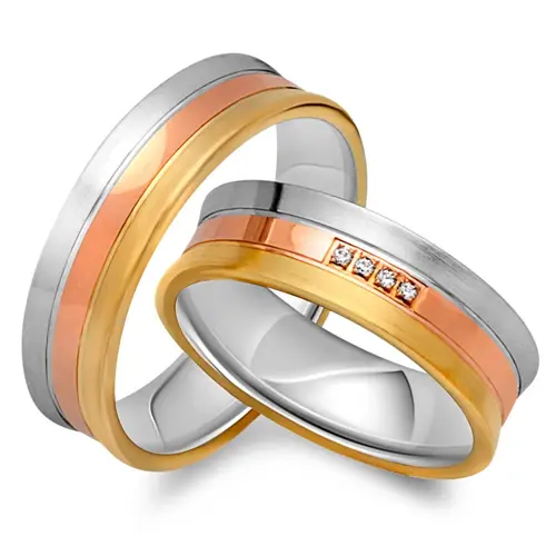 Wedding rings 14ct gold tricolor 4 diamonds