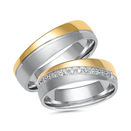 Wedding rings in white and yellow gold with 15 diamonds