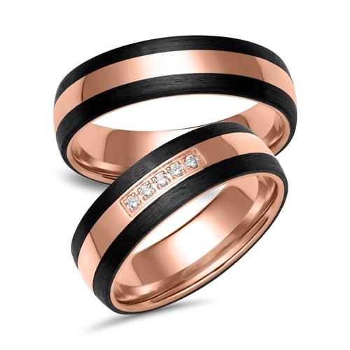 Rose gold and carbon wedding rings with 5 diamonds
