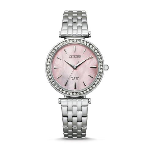 Ladies watch in stainless steel with mother-of-pearl and crystals