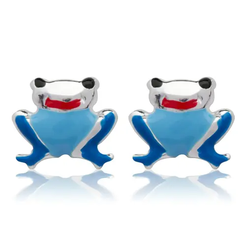 Sterling silver children's ear studs with frog motive blue
