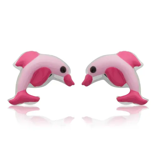 Sterling silver children's ear studs with pink dolphin motive