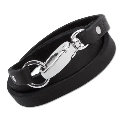 Bracelet leather stainless steel buckle black 58cm
