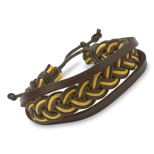 Bracelet braided leather textile yellow dark brown