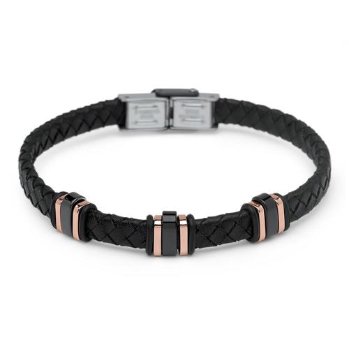Unisex leather bracelet black with rose elements