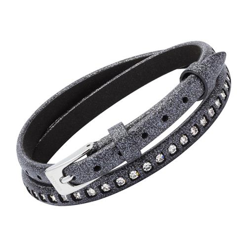 Armband zwart leer met glitter Zirkonia