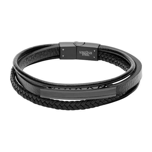 Multi-stranded bracelet made of black imitation leather, engravable