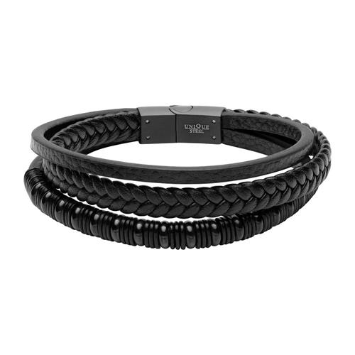 Three-strand bracelet made of black imitation leather, engravable