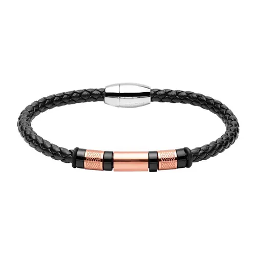 Armband voor mannen van imitatieleer, roestvrij staal, zwart rosé