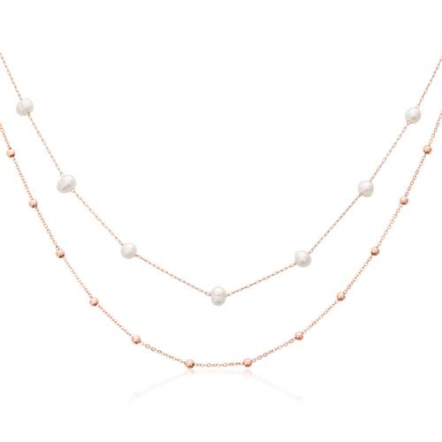 Necklace for ladies in stainless steel, rosé with pearls