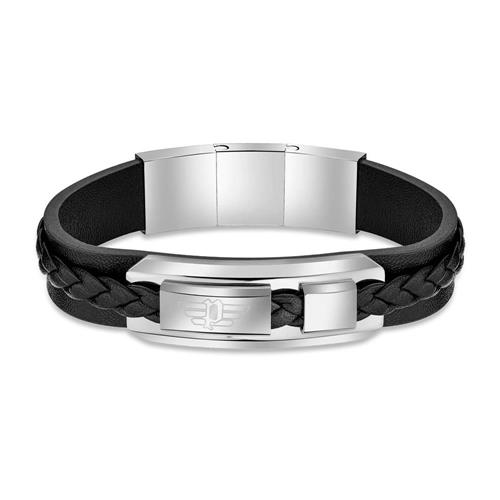 Valorious Engraving Bracelet In Leather And Stainless Steel, Black