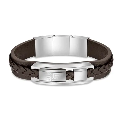 Valorious Engraving Bracelet In Leather And Stainless Steel, Brown