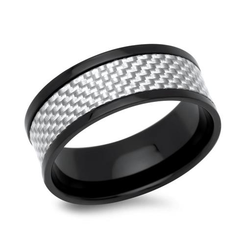 Black stainless steel ring with carbon inlay