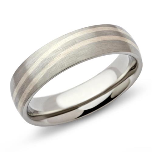 Stainless steel ring with curved silver inlay