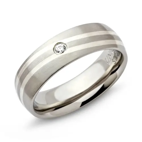 Stainless steel ring with silver inlay and zirconia