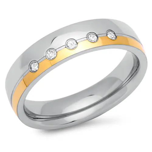Stainless steel ring partially gold-plated 5mm zirconia